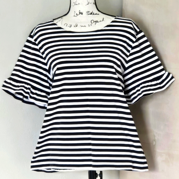 J. Crew Tops - J Crew Black & White Striped Ruffle Sleeve 100% Cotton Tshirt Blouse EUC